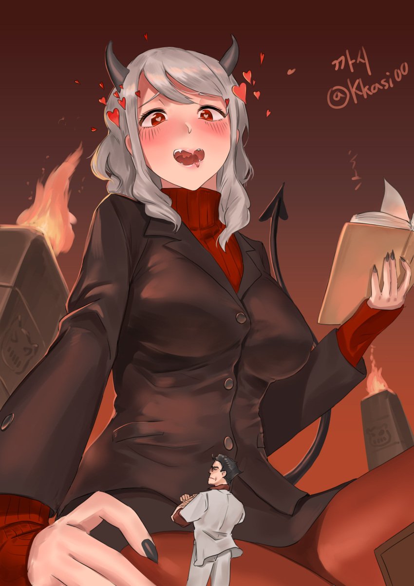 blush demon_girl giantess heart-shaped_pupils hearts_around_head helltaker helltaker_(character) kkasi00 macro modeus_(helltaker) office_lady open_mouth pantyhose size_difference stockings