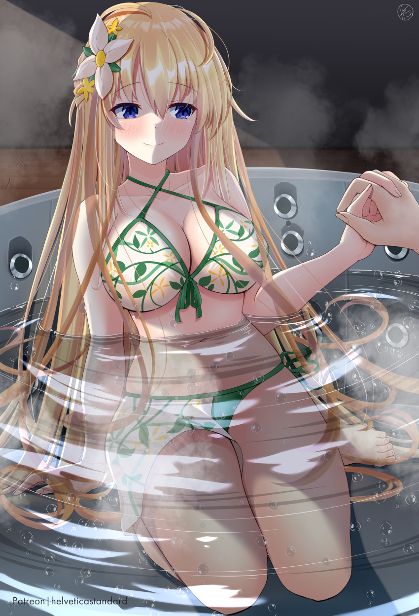 1boy 1girls arm_support big_breasts bikini blonde_hair blush busty cleavage feet female hand_holding helvetica_std holding_hands hot_tub interlocked_fingers large_breasts legs male navel neptunia_(series) pov sitting smile thighs vert water wholesome