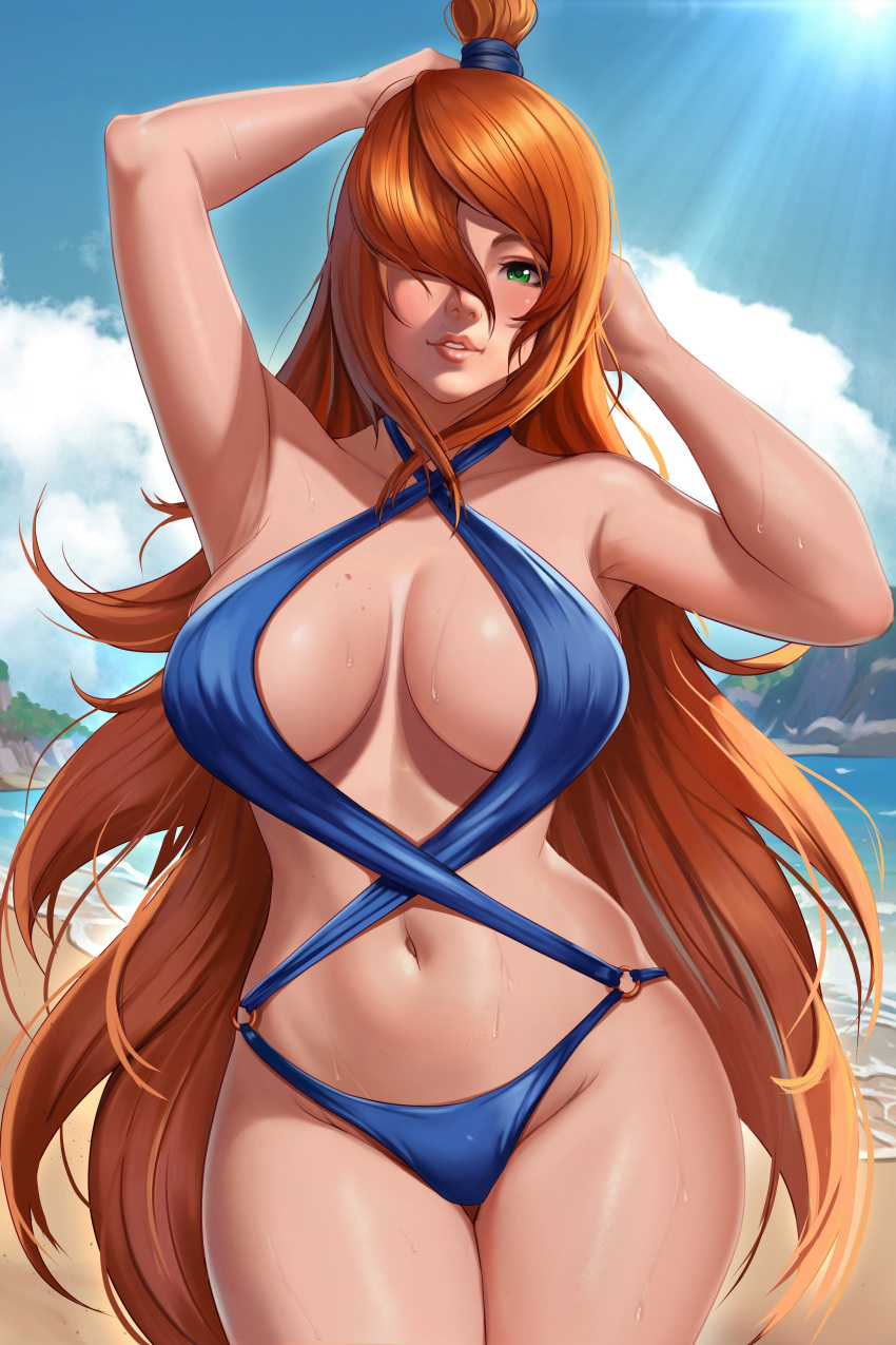 1girls 2:3 alternate_version_at_source ara_ara armpit_peek armpit_pose armpit_pussy armpits arms_up beach blue_one-piece_swimsuit blue_sky blue_swimsuit blushing_at_viewer breasts clothing cowboy_shot cropped deep_armpits exlic female female female_only green_eyes hair_covering_eye hair_down hair_over_one_eye halter_bikini high_resolution kunoichi large_breasts light_blush liver_spots long_bangs long_hair looking_at_viewer mature mature_female mei_terumi naruto naruto_shippuden navel no_watermark ocean older_female one-piece_swimsuit outdoors paid_reward parted_lips patreon_reward red_hair sand seaside sexy_armpits sidelocks sky smaller_version_at_source smiling_at_viewer smooth_armpits solo swimsuit thick_thighs thighs third-party_edit topknot very_high_resolution