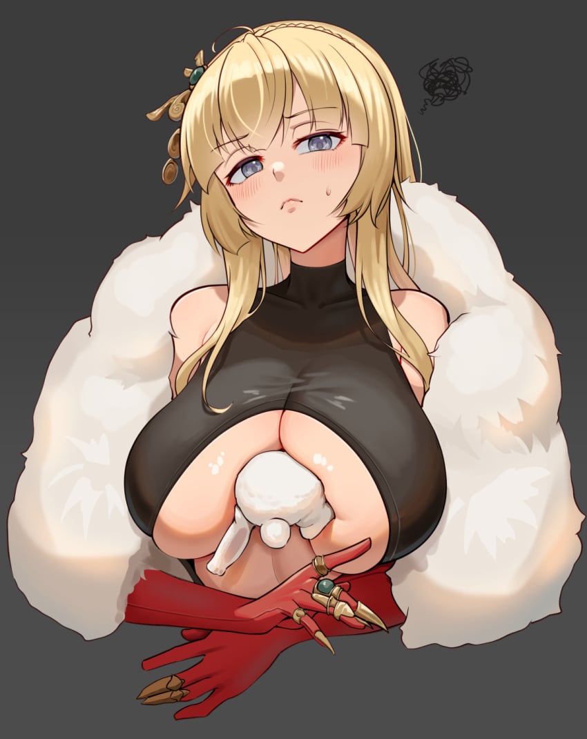 ajidot animal_between_breasts between_breasts blonde_hair breasts elbow_gloves fur_coat gloves huge_breasts last_origin leona_of_blood_&_iron long_hair rabbit underboob