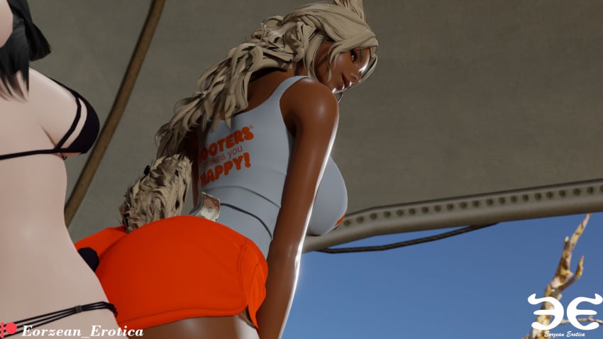 1futa 1girls 3d bikini blonde_hair bunny_ears bunny_girl bunny_tail buttjob buttjob_over_clothes dark-skinned_female dark_skin dollar_bill dollars eorzean_erotica female final_fantasy final_fantasy_xiv futanari hooters hooters_uniform light-skinned_female light_skin looking_back orange_shorts outside penis_between_ass penis_between_cheeks shorts sitting sitting_on_lap sitting_on_person tank_top viera