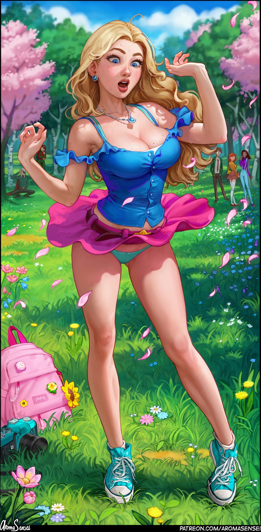 1girls 2boys 4girls aroma_sensei ass bent_wrist big_ass big_breasts big_lips blonde_hair blue_eyes breasts busty clothed converse curvaceous curvy curvy_figure cute cute_face digital_media_(artwork) eyebrows eyelashes eyes female female_focus fit fit_female hair haley_(stardew_valley) hips hourglass_figure human large_breasts legs light-skinned_female light_skin lips mature mature_female microskirt milf mole_on_breast panties pantyshot pantyshot_(standing) skirt skirt_lift solo_focus stardew_valley thick thick_legs thick_thighs thighs thong top_heavy upper_body upskirt voluptuous waist wardrobe_malfunction wide_hips wind_lift windy_skirt