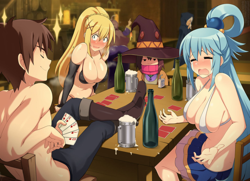 1boy alcohol aqua_(konosuba) bare_arms bare_legs bare_midriff bare_shoulders bare_thighs beer beer_mug belly_button big_breasts black_bra black_panties blonde_hair blonde_ponytail blue_eyes blue_hair blue_skirt blush boots bra brown_boots brown_hair card card_game cards cleavage closed_eyes coat crying crying_with_eyes_closed darkness_(konosuba) female jacket kono_subarashii_sekai_ni_shukufuku_wo! lindaroze long_hair long_sleeves male megumin midriff multiple_girls navel panties pants ponytail red_eyes satou_kazuma scarf shirtless shirtless_(male) shirtless_male short_hair skirt strip_game strip_poker vest white_bra witch_hat