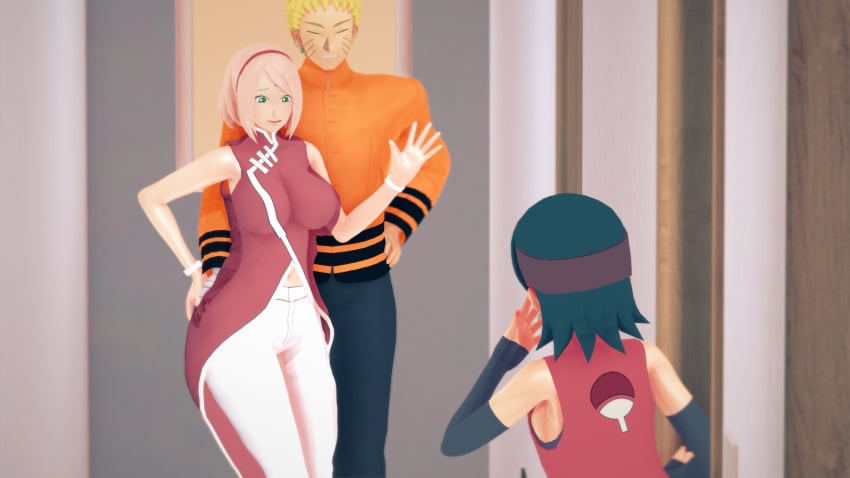 16:9_aspect_ratio 1boy 2girls 3d black_hair blonde_hair boruto:_naruto_next_generations cheating cheating_husband cheating_wife feathermaple female green_eyes high_resolution human koikatsu koikatsu_(medium) male multiple_girls naruto netorare ntr pink_hair sakura_haruno sarada_uchiha uzumaki_naruto