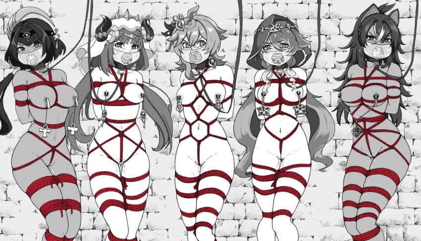 abducted black_and_white bondage candace_(genshin_impact) collar collei_(genshin_impact) crotch_rope dehya_(genshin_impact) ecchinoidea gag gagged genshin_impact improvised_gag layla_(genshin_impact) nilou_(genshin_impact) nipple_clamp nipple_clamps nude_female stuff_gag stuffed_mouth_gag tied_up