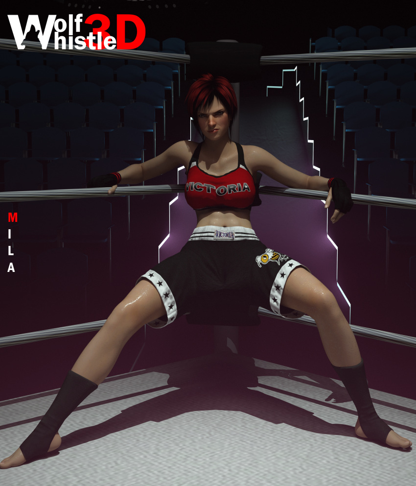 3d 3d_(artwork) abs adult adult_girl boxing_gloves boxing_ring boxing_shorts dead_or_alive dead_or_alive_5 exhausted exhausted_female indoors leaning_back legs_apart light-skinned_female light_skin logo_on_bottomwear mila_(doa) multicolored_bra pinup short_hair shorts standing strong_tomboy_(spectrum) sweat sweaty_legs sweaty_tomboy tomboy two_tone_bottomwear two_tone_bottomwear_(blackandwhite) two_tone_handwear two_tone_handwear_(blackandred) watermark western_art wolfwhistle3d