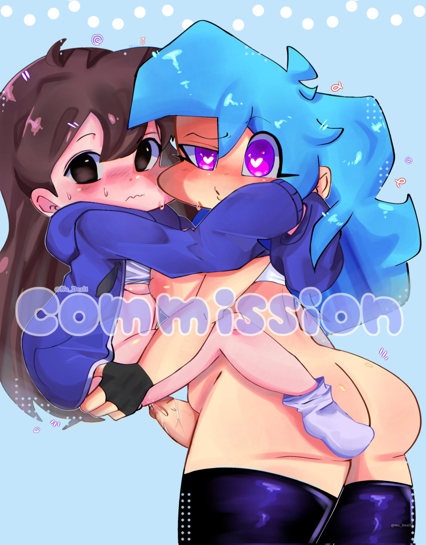 1futa 1girls archer_(rosemariablue) areolae ass big_ass black_stockings blue_hoodie blush bottomless breasts brown_hair carrying carrying_partner clothed clothing commission cum cum_on_penis cyan_hair duo erection female fingerless_gloves friday_night_funkin friday_night_funkin_mod futa_on_female futanari heart-shaped_pupils hoodie human light-skinned_female light-skinned_futanari light_skin long_hair nipples no_desi1 nude_female oc partially_clothed penis purple_eyes shirt_lift sky_(friday_night_funkin) skyblue socks standing sweat sweating thick_thighs thighhighs underboob