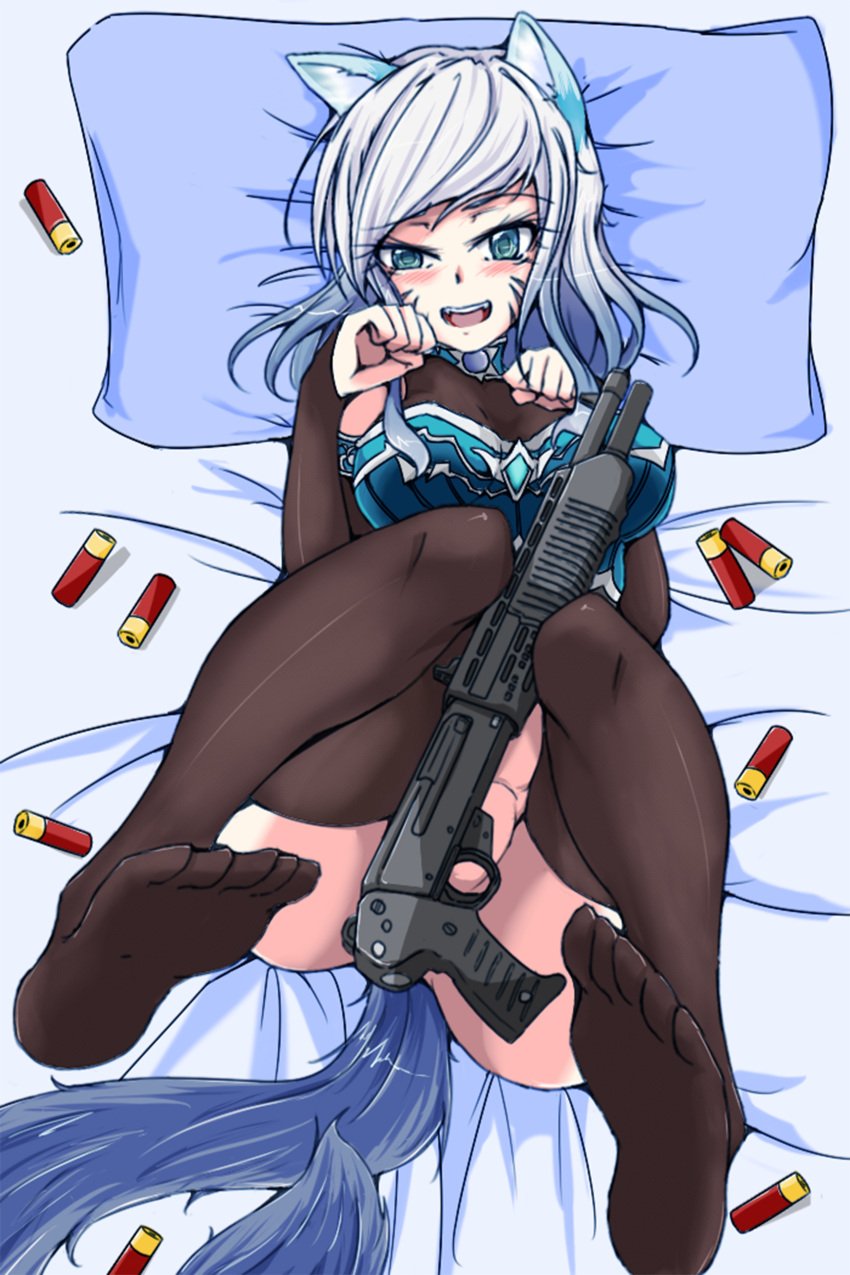 1girls artist_request bed bed_sheet blue_eyes counter-strike_online fox_ears gun laying_on_bed r.stars shotgun shotgun_shell sonya_lycanthrope_(counter-strike) spas-12 stockings tail weapon white_hair