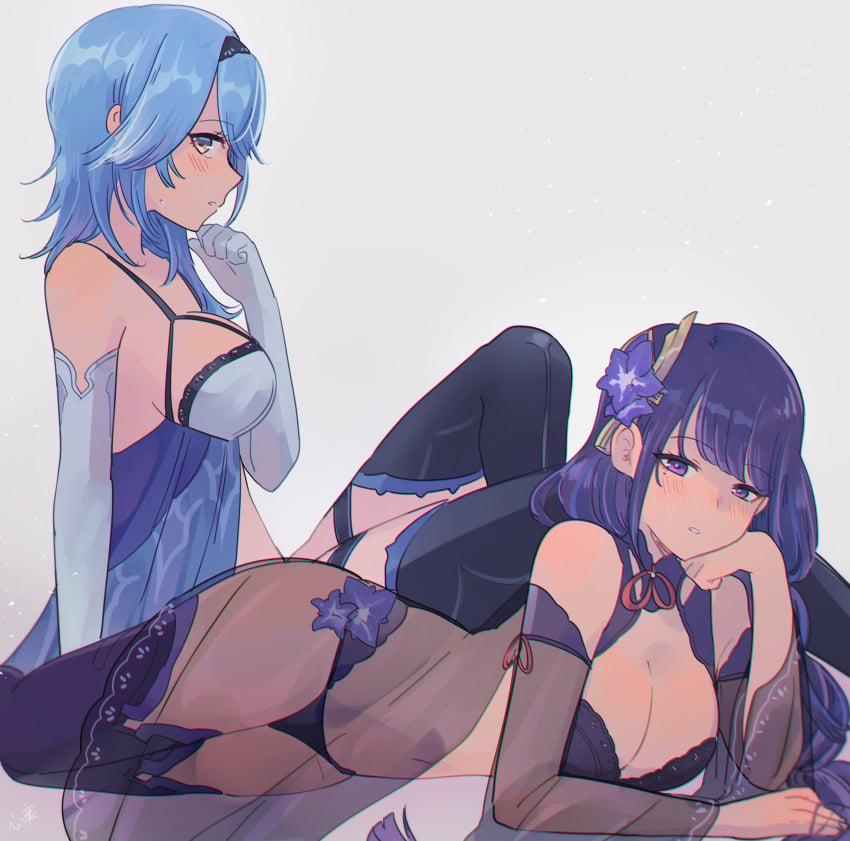 2girls blue_hair bra breasts cleavage eula_(genshin_impact) female female_only flower_in_hair genshin_impact hi_res k0k0midess kokomi_(aniesuakkaman) kokomidraws large_breasts lingerie lingerie_only looking_at_viewer lying lying_on_stomach panties purple_hair raiden_shogun sideboob sitting thick_thighs underwear underwear_only