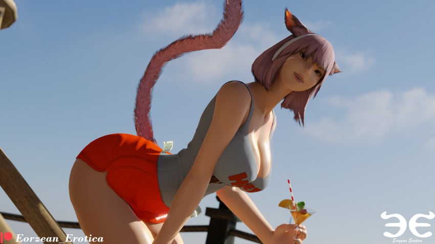 animal_ears ass beach bent_over big_ass big_breasts black_eyes breasts cat_ears cat_tail catgirl cherry cleavage cocktail cocktail_glass day daytime dollar_bills dollars eorzean_erotica final_fantasy final_fantasy_xiv fruit headband holding holding_glass hooters hooters_uniform kemonomimi light-skinned_female light_skin looking_at_viewer mint miqo'te orange orange_shorts outdoors outside pink_hair pov pov_eye_contact qhota_nbolo shorts straw tail tank_top