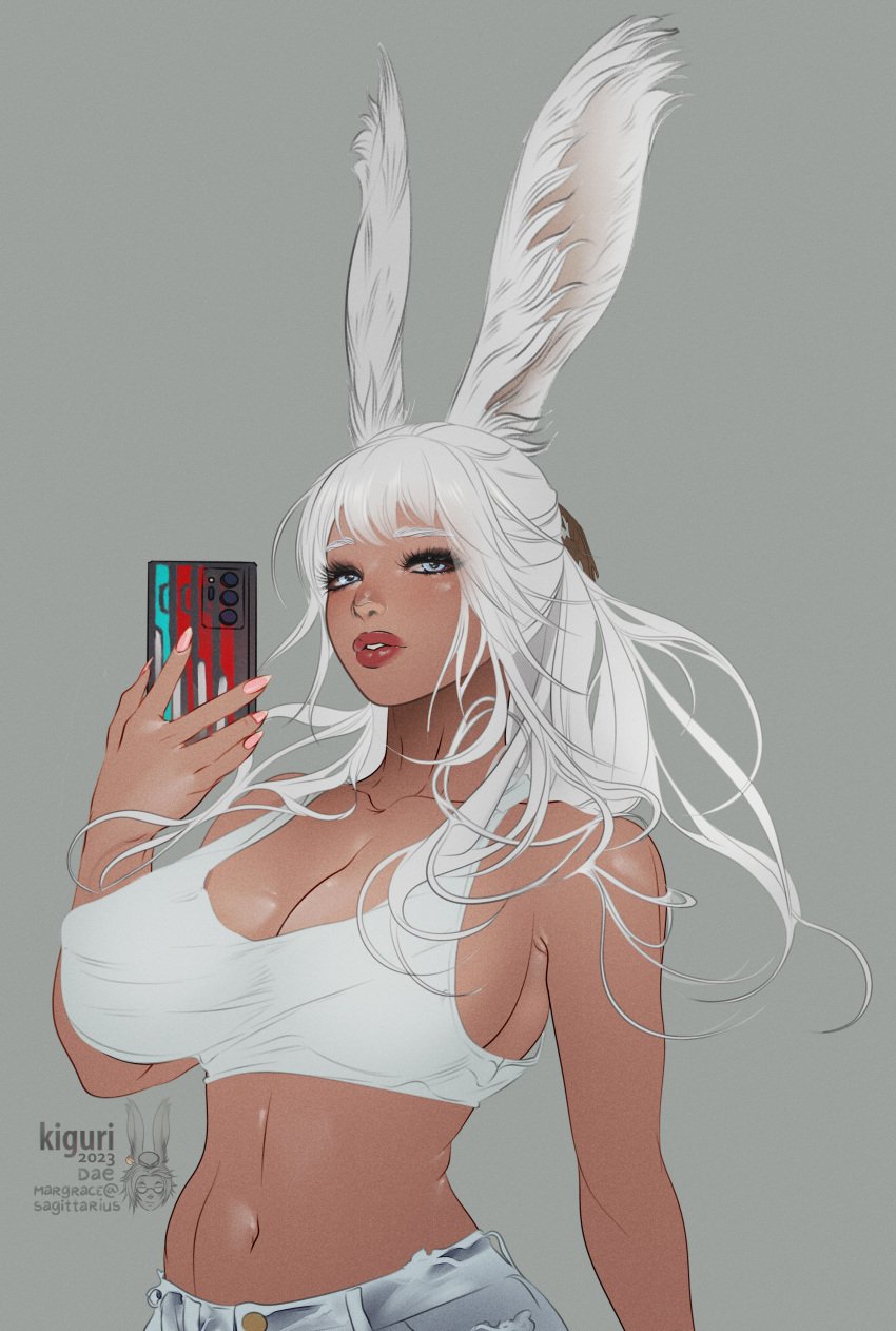 belly_button big_breasts blue_eyes bunny_ears crop_top final_fantasy final_fantasy_xiv kiguryu kirsi_kellans large_breasts long_hair long_white_hair red_lipstick selfie small_shirt solo solo_female viera white_hair