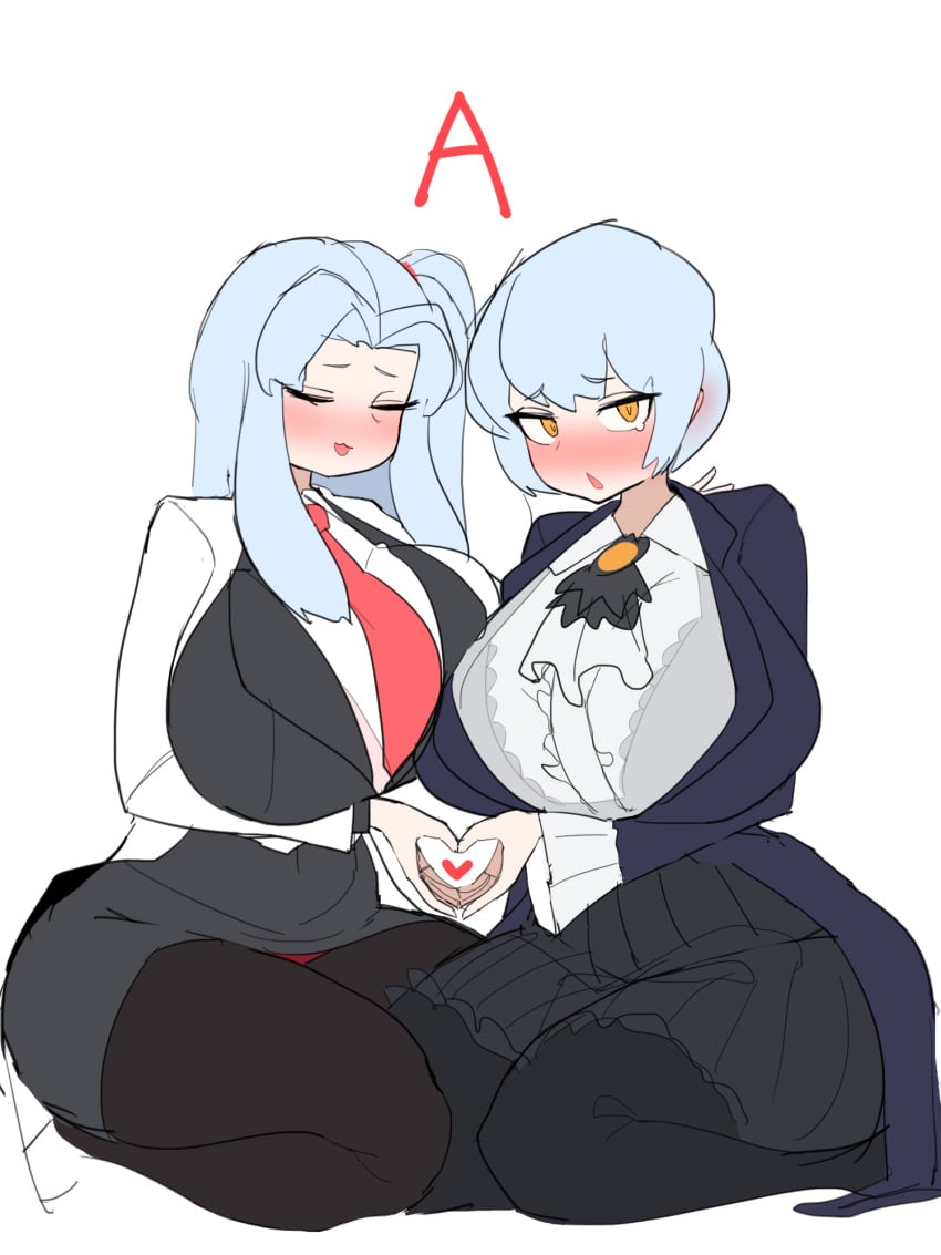 2girls angela_(library_of_ruina) angela_(lobotomy_corporation) big_breasts blush female female_only fully_clothed gya_rb heart huge_breasts library_of_ruina lobotomy_corporation long_hair project_moon short_hair thick_thighs