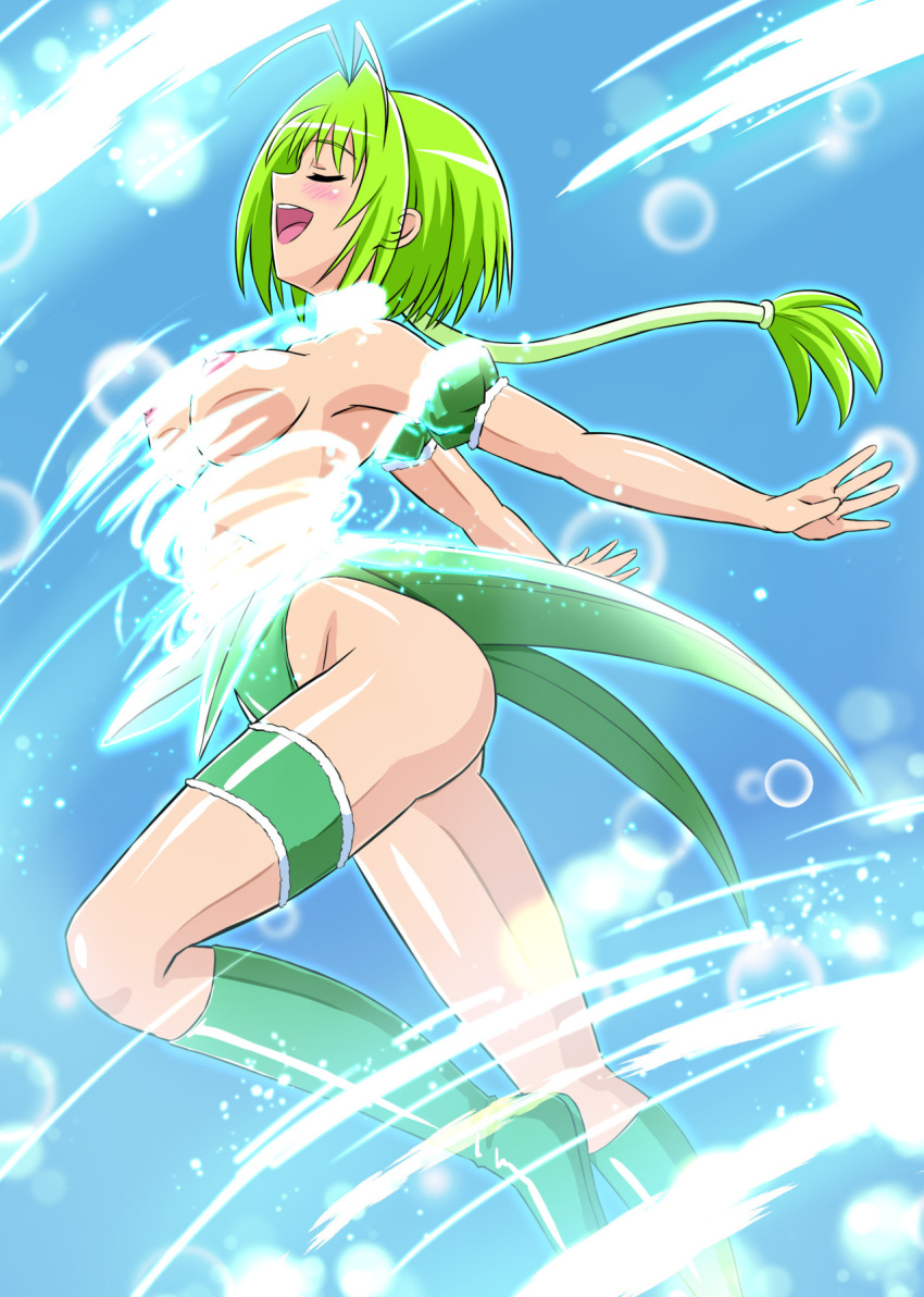 1girls big_breasts breasts_out busty closed_eyes female female_only green_hair large_breasts legs lettuce_midorikawa mew_lettuce nipples open_mouth sideboob solo thighs tokyo_mew_mew