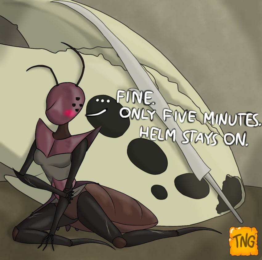 annoyed anthro armor arthropod blattodea blush bone bottomwear clothed clothing clothing_lift cockroach defeated dialogue embarrassed female god_tamer headgear helmet hi_res hollow_knight insects lance_(weapon) mask melee_weapon polearm side_slit_skirt skirt skirt_lift skull solo team_cherry the_nameless_guy weapon