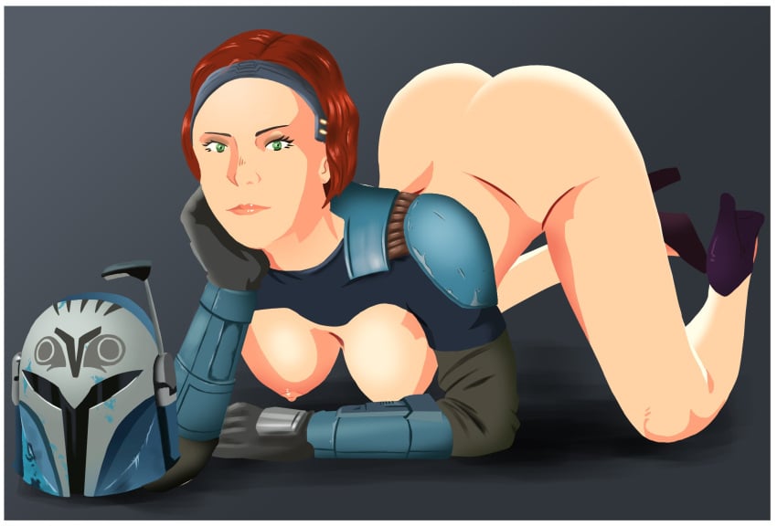 1girls 2d all_fours ass ass_up bo-katan_kryze bottomless bottomless_female breasts breasts_out color eyelashes eyes female female_only footwear full_body gloves green_eyes hair hairband hand_on_face hanging_breasts headband headgear headgear_removed heel_boots heels helmet helmet_removed large_breasts looking_at_viewer mandalorian nude nudity open_eyes partially_clothed pinup plain_background pose purple_footwear purple_heels purple_shoes red_hair redhead shoes short_hair short_hair_female shoulder_pads shrug_(clothing) side_view solo star_wars the_mandalorian top-down_bottom-up vambraces