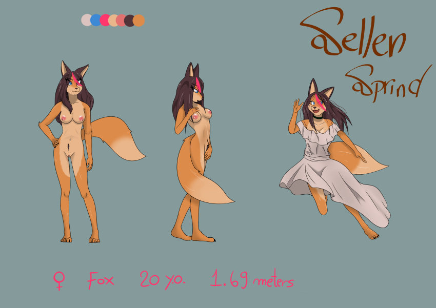 4_toes absurd_res anthro barefoot biped breasts brown_hair canid canine clothed clothing dapne_osiumn feet female fox front_view fur hair happy hi_res info long_hair mammal nude open_mouth sellen_sprind smile solo standing toes