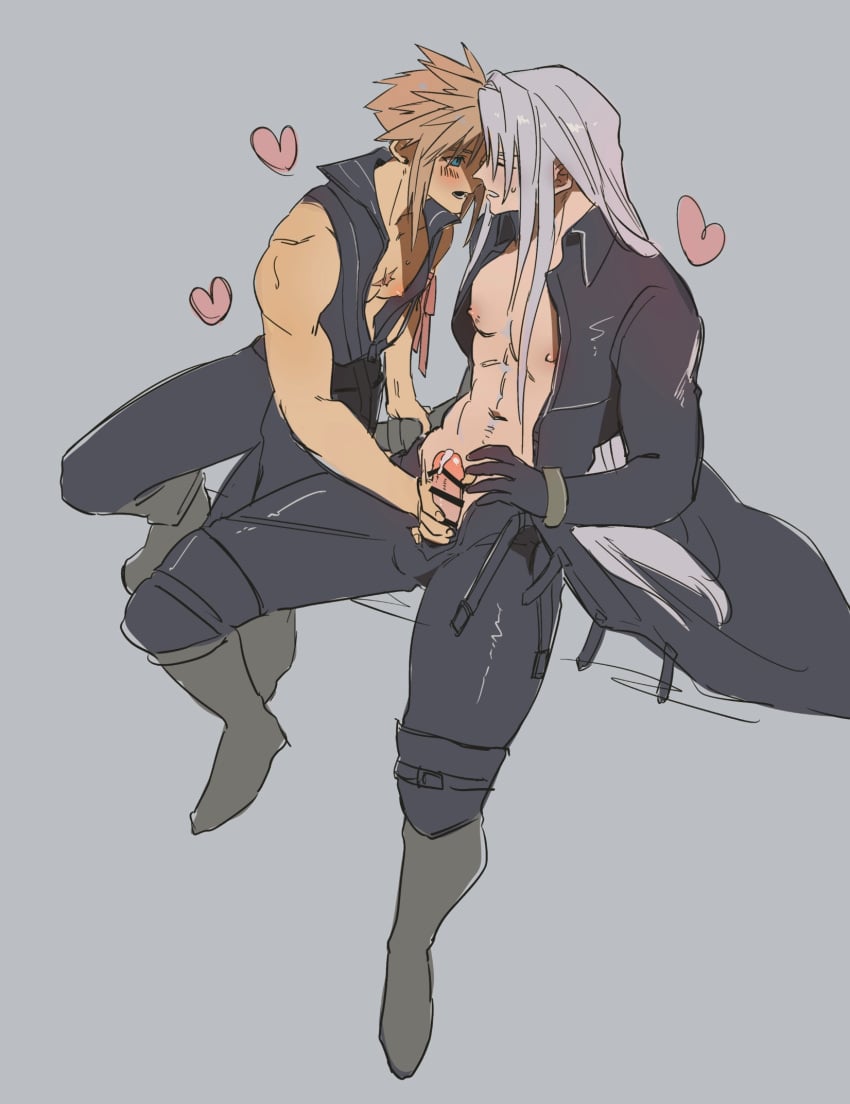 2boys bar_censor black_clothing black_gloves blonde_hair blue_eyes blush blush_lines boots censor_bar censored closed_eyes clothing cloud_strife color cum cum_drip erect_penis erection femboy final_fantasy final_fantasy_vii gay gloves grey_background hand_on_penis handjob heart holding_arm holding_penis imminent_kiss leaning_forward light-skinned_male light_skin long_hair looking_at_another male male/male male_only muscular muscular_male nipples open_clothes penis penis_grab scar sekiyu_0h sephiroth silver_hair simple_background sitting spiky_hair square_enix sweat tagme unzipped_pants yaoi