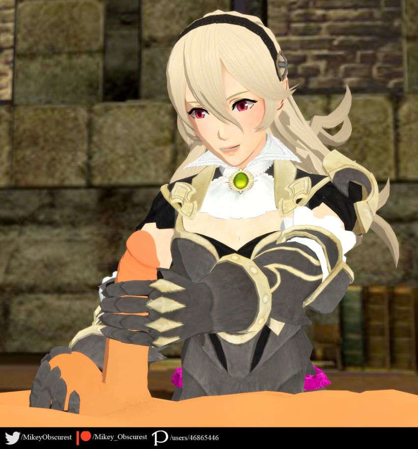 1boy 1girls 3d alternate_costume black_armor blonde_hair caress caressing_testicles corrin_(female)_(nohr_noble)_(fire_emblem) corrin_(fire_emblem) corrin_(fire_emblem)_(female) female fire_emblem fire_emblem_fates fire_emblem_heroes fire_emblem_warriors gloves hair_between_eyes handjob long_hair male mikey_obscurest nintendo official_alternate_costume open_mouth red_eyes