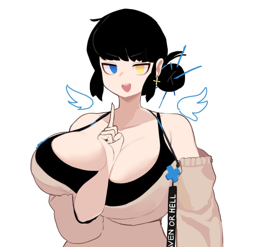 black_hair cleavage gya_rb heterochromia huge_breasts original original_character sweater