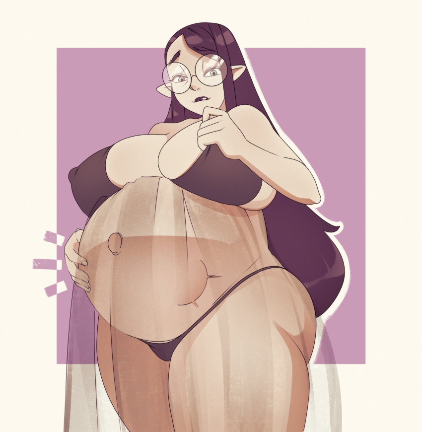 1girls big_belly big_breasts black_hair disney disney_channel female fetal_movement glasses hand_on_pregnant_belly heterochromia huge_belly huge_breasts humanoid light-skinned_female light_skin lilith_clawthorne pointy_ears pregnant the_owl_house witch_(the_owl_house) yakiti