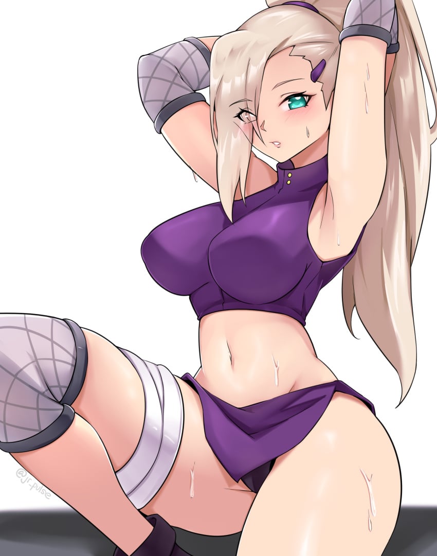 1girls adjusting_hair aqua_eyes armpits arms_behind_head big_breasts blonde_hair blonde_hair_female blue_eyes busty cameltoe crop_top elbow_pads eyes_visible_through_hair female female_only ino_yamanaka jrpuls3 knee_pads large_breasts light_blue_eyes midriff naruto naruto_(series) naruto_shippuden navel panties ponytail pose posing sexy_armpits sitting skirt sleeveless sleeveless_shirt solo solo_focus spread_legs sweat sweatdrop thick_thighs tied_hair tying_hair underwear very_long_hair white_background