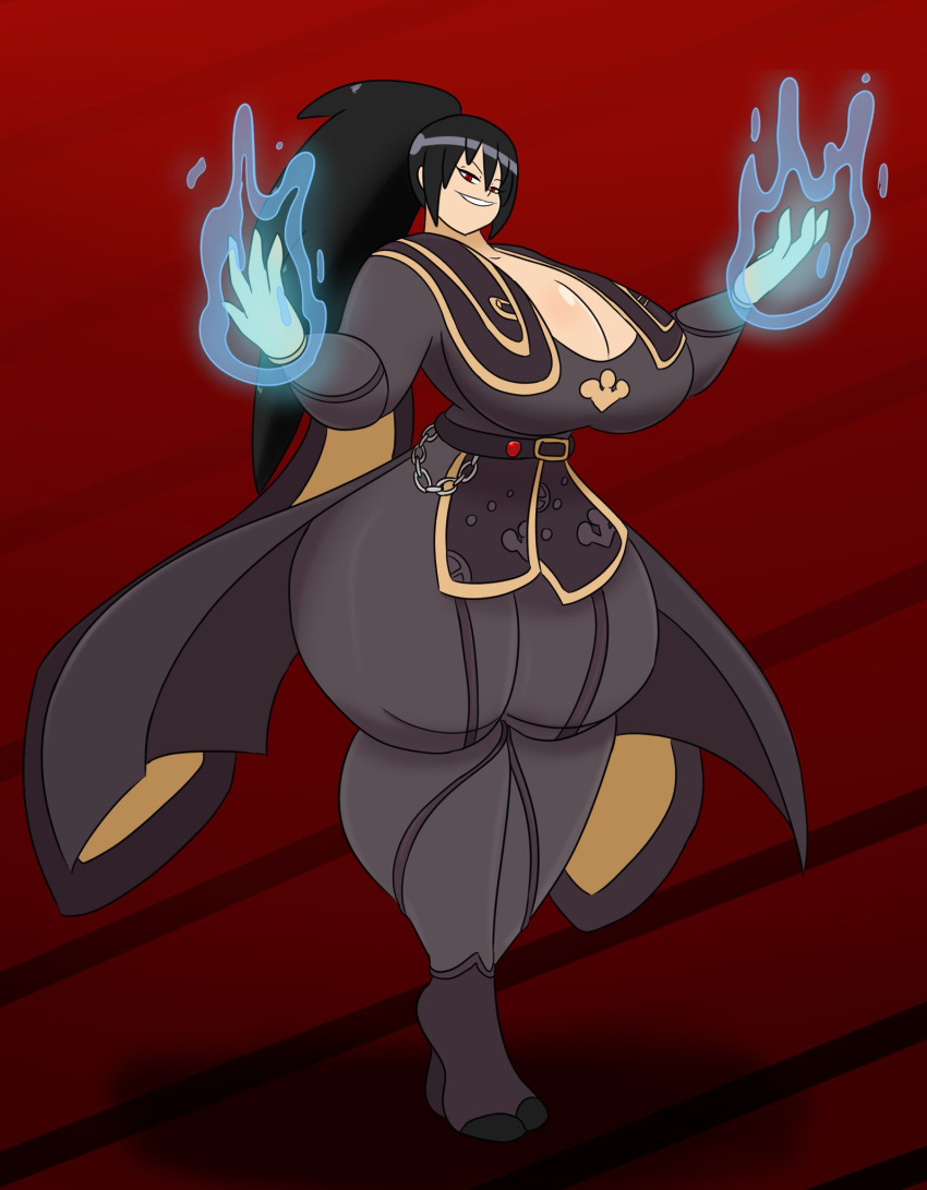 black_hair boob_window breasts_bigger_than_head cleavage dark_mage evil_grin greninja huge_breasts huge_thighs igphhangout large_breasts magic mizu_(igphhangout) pokemon pokemon_(species)