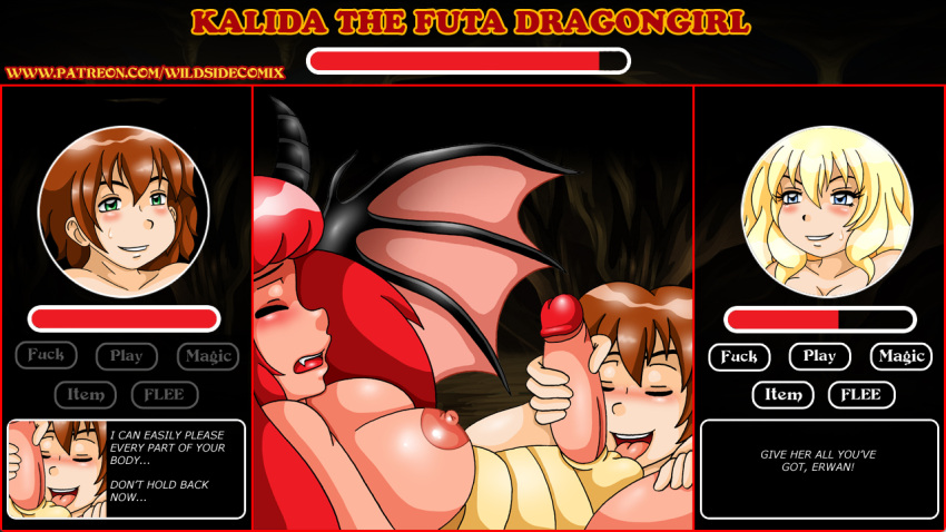 1boy 1futa 1girls areolae balls big_penis breasts brown_hair cunnilingus dialogue dragon english_text erection female futa_on_male futanari futasub game handjob horns human intersex light_skin male male_on_futa maledom monster_love_hotel_2 nipples nude penis power_bottom red_hair short_hair text tongue_out vanja