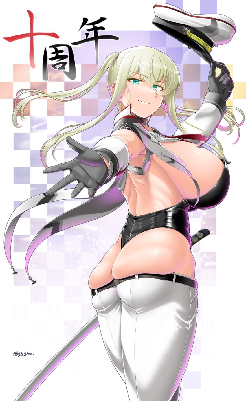 alternate_costume anniversary arm_up ass black_gloves black_leotard blonde_hair blue_eyes breasts capelet female gloves graf_zeppelin_(kantai_collection) hair_between_eyes hat highleg highres holding holding_clothes holding_hat huge_breasts kantai_collection leotard lowleg lowleg_pants outstretched_arm pants peaked_cap reaching_towards_viewer saizu_nitou_gunsou sidelocks solo sword tsurime twintails weapon