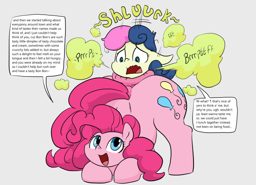 anal anal_vore anus ass big_butt blue_eyes blue_hair blue_mane bonbon_(mlp) cutie_mark dendollae dialogue dock duo earth_pony english_text equid equine fart fart_cloud fart_fetish female female/female friendship_is_magic hair hasbro hi_res horse mammal mane multicolored_hair multicolored_mane my_little_pony open_mouth open_smile pink_body pink_hair pink_mane pink_tail pinkie_pie_(mlp) pony simple_background smile tail tan_body text thick_thighs two_tone_hair two_tone_mane uvula vore wavy_mouth what