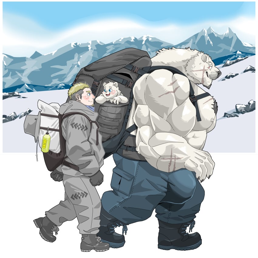 1:1 abs absurd_res anthro arm_scar backpack bear beard big_bulge big_muscles big_pecs blonde_hair body_hair boots bottomwear brown_hair bulge carrying carrying_another chan_kiti_chan_(artist) chest_hair clothing coat facial_hair facial_scar family father father_and_child father_and_son footwear fur group hair hi_res hiking human human_on_anthro interspecies larger_anthro larger_male male male/male mammal mountain multicolored_hair muscular nipples pants parent parent_and_child pecs polar_bear scar shirtless size_difference smaller_human smaller_male snow son topwear trio ursine white_body white_fur winter