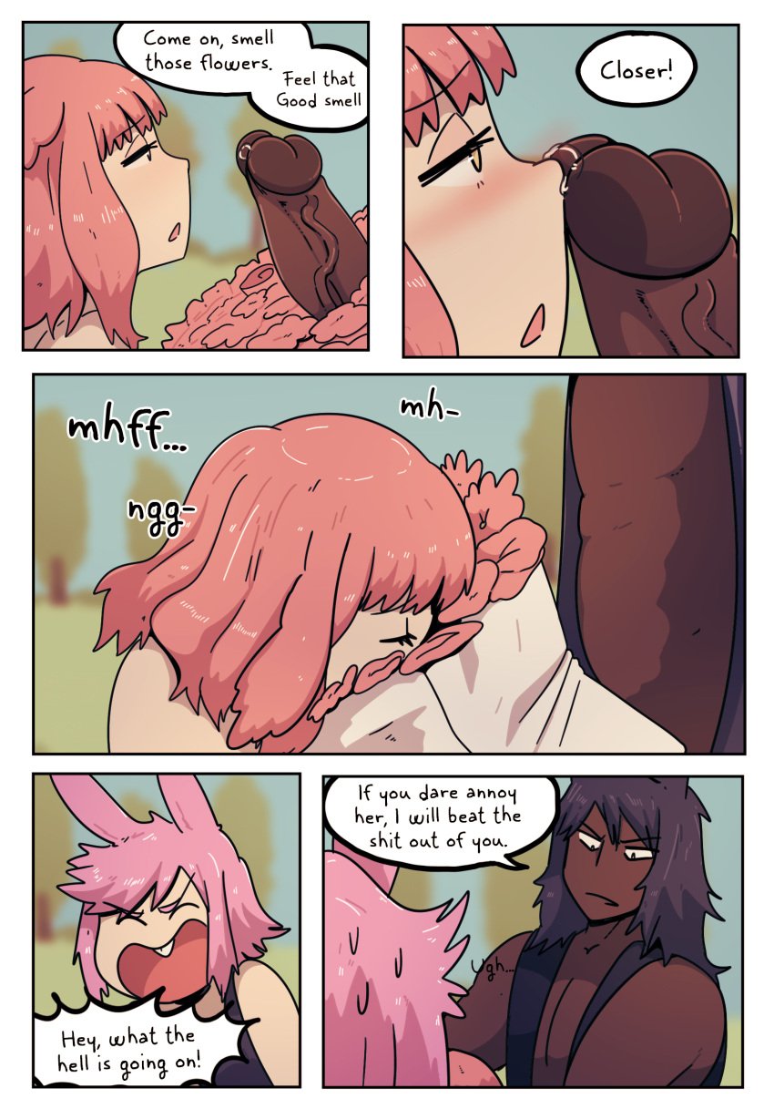 1girls 2boys black_hair bouquet bunny_boy bunny_ears bunny_girl comic cuckold dark-skinned_male dark_skin dialogue english_text female flowers hasselnut hi_res kiba_(wolfgang_bang) looking_at_penis male mean outdoors penis penis_awe pink_hair precum red_hair sharp_teeth sniffing sniffing_penis speech_bubble sunny_(wolfgang_bang) tommy_(wolfgang_bang) wolf_boy wolf_ears wolfgang_bang yellow_eyes