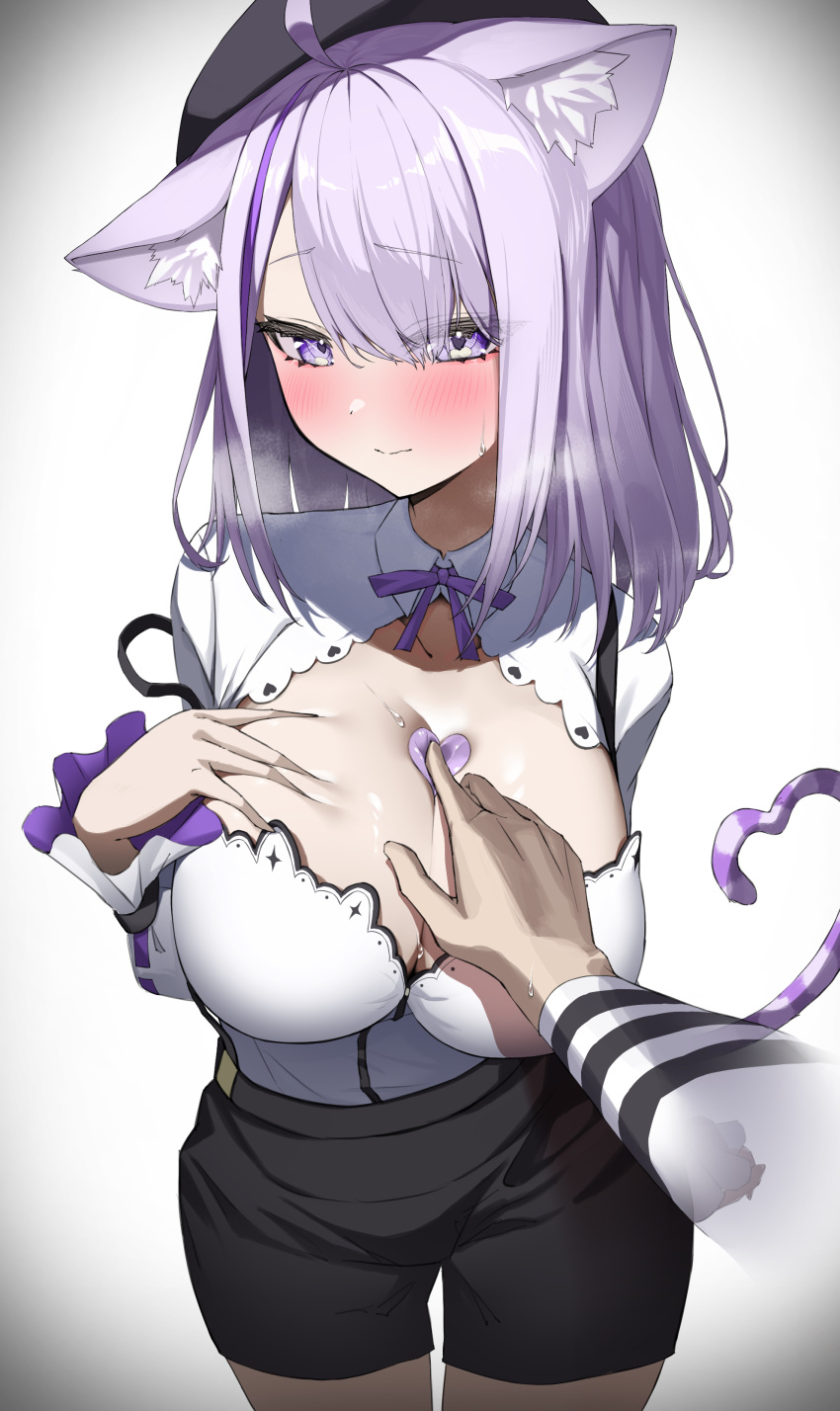 absurdres ahoge animal_ears arm beret blush breasts breath cat_ears cat_girl cat_tail cleavage cleavage_cutout clothing_cutout female hat heart heart_on_chest heart_tail highres hololive hololive_gamers hololive_japan large_breasts medium_hair nekomata_okayu nekomata_okayu_(6th_costume) official_alternate_costume onigirya_(nekomata_okayu) osechi_(pixiv56606477) pastie pasties pov pov_hands prison_clothes purple_eyes purple_hair shorts simple_background solo_focus sticker sweat tail virtual_youtuber white_background