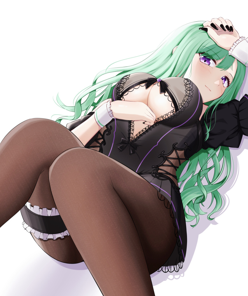 1girls big_breasts black_nails clothed clothing doraryu12 female female_only green_hair large_breasts light-skinned_female light_skin looking_at_viewer purple_eyes solo underboob virtual_youtuber vspo! yakumo_beni