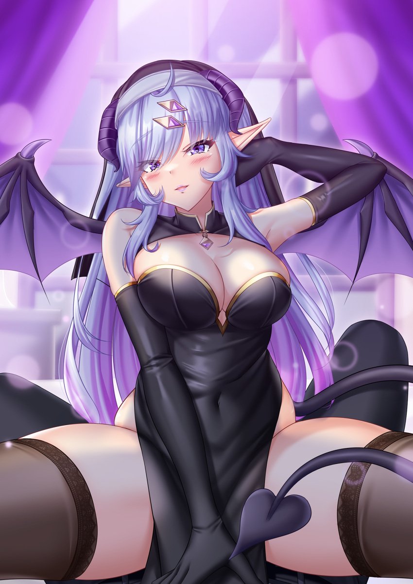 1boy 1girls big_breasts black_gloves blue_hair clothed clothing elbow_gloves eyebrows_visible_through_hair female female_focus gloves hisame_shiki_(artist) horns indie_virtual_youtuber indoors light-skinned_female light_skin male_pov nun pants pov purple_eyes rakka_midari succubus succubus_horns succubus_tail tail teasing teasing_viewer thighhighs virtual_youtuber wings