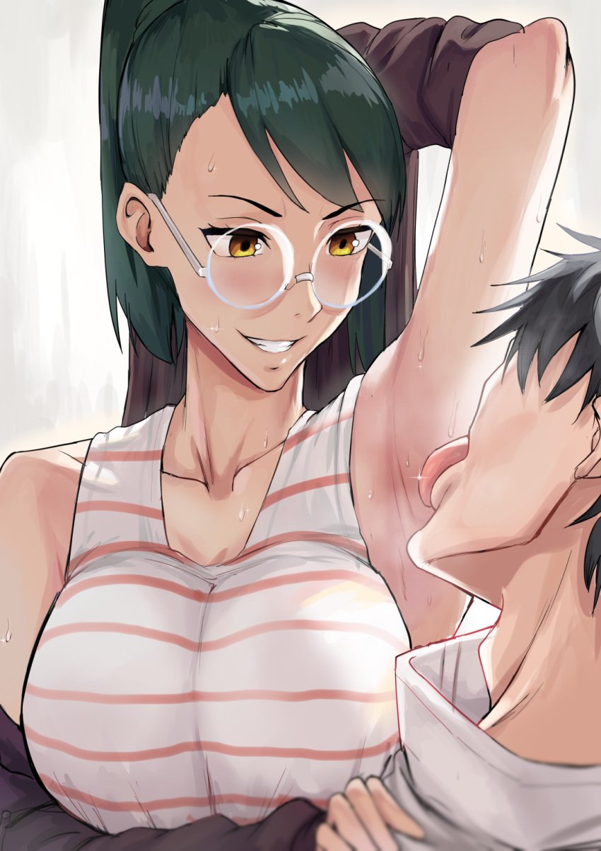 1boy 1girls armpit armpit_crease armpit_fetish armpit_licking armpits black_hair blush breasts clothed_female glasses golden_eyes green_hair grin hand_on_shoulder jacket_removed jujutsu_kaisen jujutsu_kaisen_0 large_breasts licking_armpit long_hair looking_at_partner mikame_v2 shirt sleeveless sleeveless_shirt sweat teenager tied_hair yuta_okkotsu zenin_maki