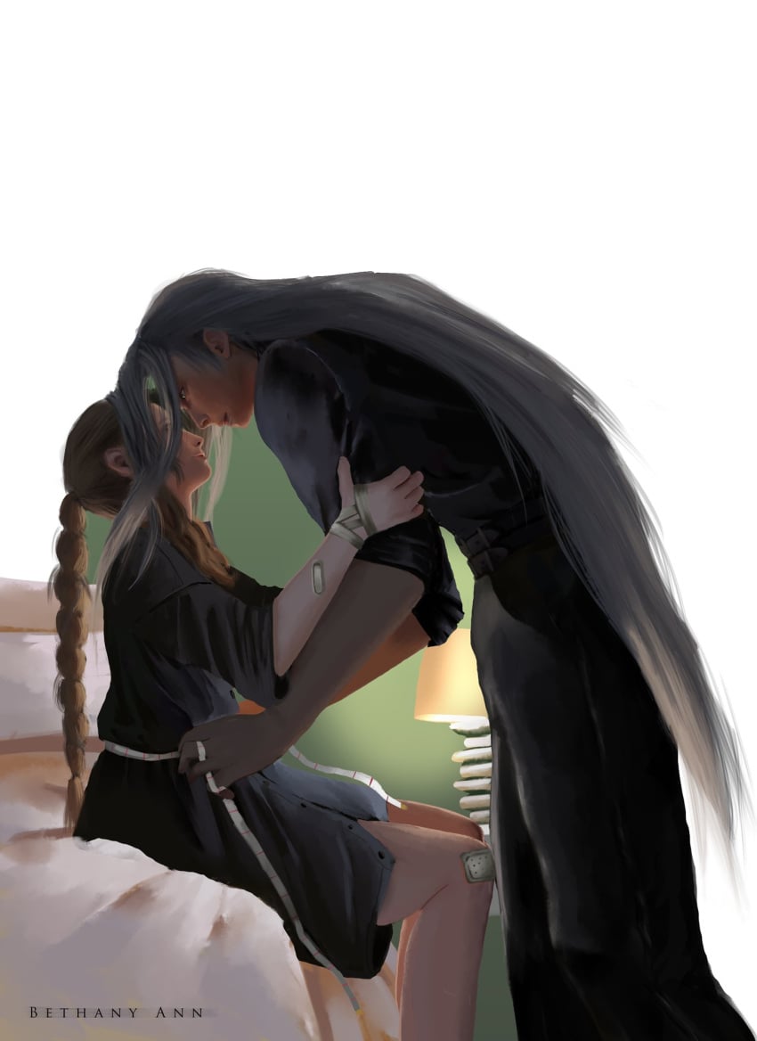 1boy 1girls aerith_gainsborough bandage being_undressed bigger_male eye_contact face-to-face female final_fantasy final_fantasy_vii final_fantasy_vii_remake long_hair long_hair_male looking_at_partner male male/female romantic sephiroth silver_hair smooth_skin straight suggestive taking_clothes_off undressing villain