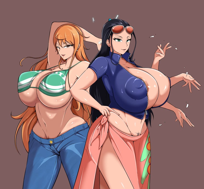 2girls alternate_breast_size areola_slip areolae_slip arm_band bare_shoulders big_areola big_areolae bikini bikini_top black_hair blue_jacket blue_pants breasts_bigger_than_head brown_eyes cleavage clothed clothing earrings female female_only green_bikini_top green_eyes green_top hana_hana_no_mi huge_breasts jacket jeans light-skinned_female light_skin light_skinned_female log_pose long_hair multi_arm multi_limb multiple_girls nami nami_(one_piece) navel nico_robin nipple_bulge nipples_visible_through_clothing no_panties one_piece open_jacket orange_hair pants post-timeskip pubic_hair pubic_hair_peek pussy pussy_hair staff sunglasses sunglasses_on_head tattoo tattoo_on_arm underboob