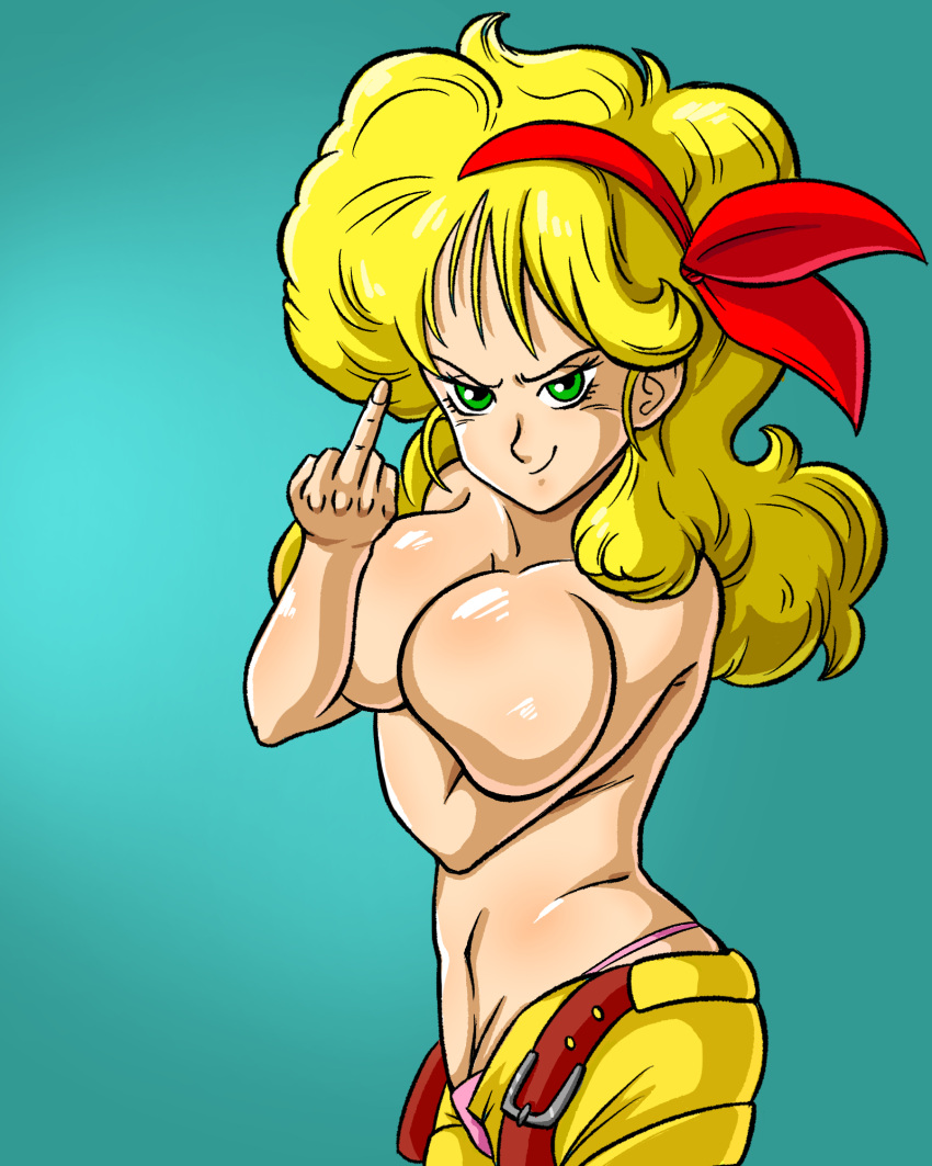 bad_launch big_breasts blonde_hair dragon_ball holding_breast launch middle_finger superspacewarrior