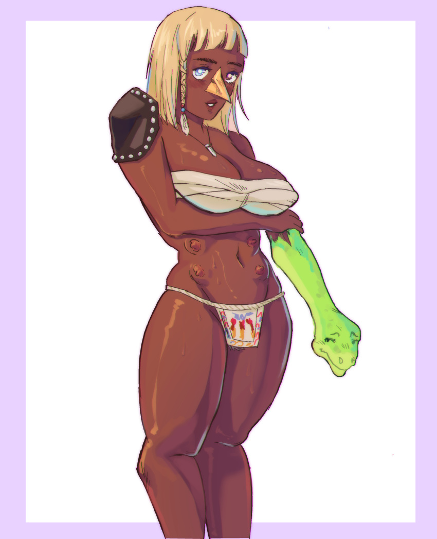 2023 alpinefyre beak blonde_hair braid clothed colored_eyes dark-skinned_female genderswap_(mtf) looking_at_viewer necklace nipples rule_63 simple_background snake_arm tagme xavier_(xra) xavier_renegade_angel