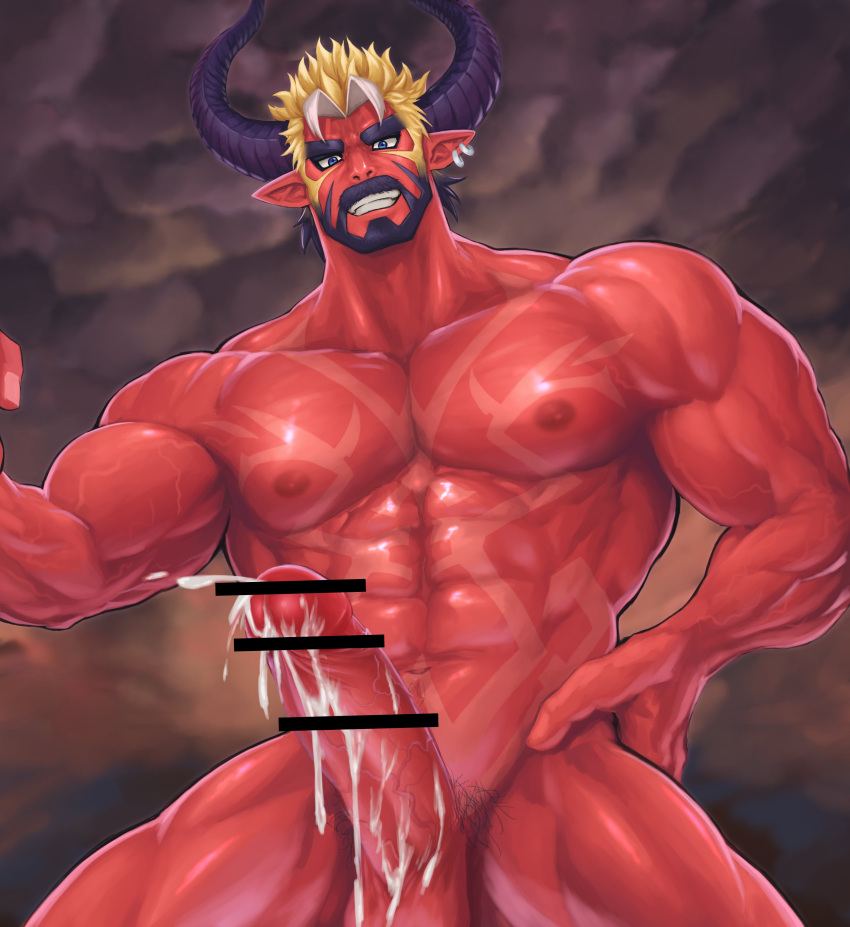 1boy abs absurd_res another_eidos_of_dragon_vein_r balls beard big_muscles big_penis black_hair blonde_hair bodily_fluids censor_bar censored cum cum_drip cum_on_penis demon demon_humanoid dripping ear_piercing ejaculation erection facial_hair genital_fluids genitals grin hair hi_res horn humanoid ineffective_censorship ko-shu looking_at_viewer lucifer_(anothereidos_r) male male_only multicolored_hair muscular muscular_humanoid muscular_male navel nipples nude pecs penis piercing red_body smile solo white_hair