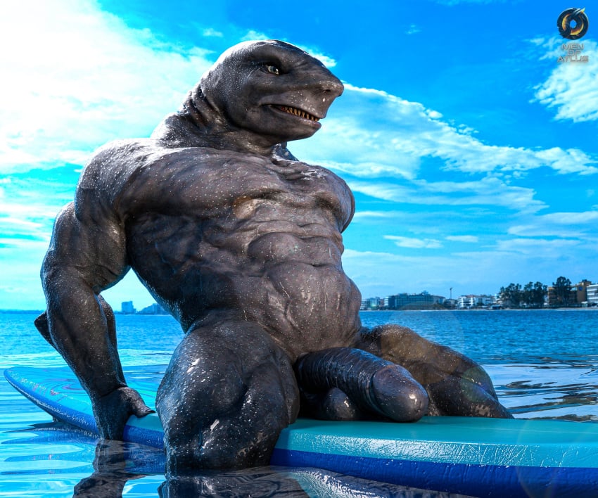 abs absurd_res anthro balls big_penis fish fur genitals grey_body grey_fur hi_res male marine men_of_atlus muscular muscular_anthro muscular_male nude pecs penis sea shark sharp_teeth sitting solo surfboard teeth water were werefish wereshark