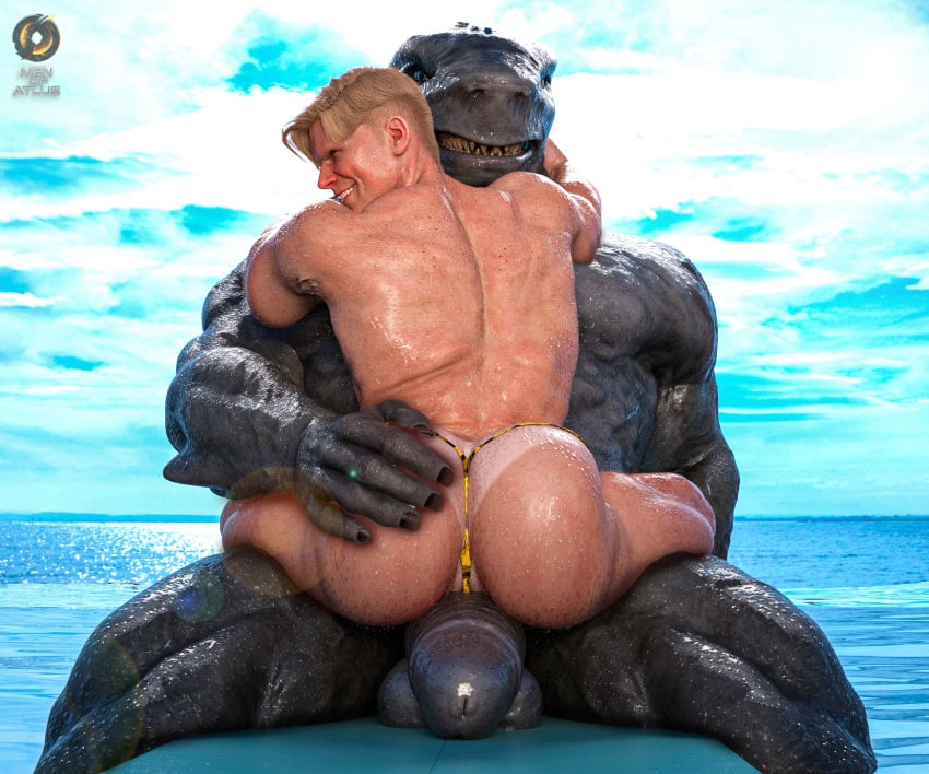 abs absurd_res anthro ass balls big_balls big_dom_small_sub big_penis blonde_hair clenched_teeth clothing dominant dominant_anthro dominant_male duo embrace erection fish genitals grey_body grin hair hand_on_butt hands_bigger_than_waist hi_res holding_partner hug human human_on_anthro imminent_sex interspecies larger_anthro larger_male male male/male mammal marine men_of_atlus muscular muscular_anthro muscular_human muscular_male nipples nude pecs penis sea shark sharp_teeth sitting size_difference smaller_human smaller_male smile speedo submissive submissive_human submissive_male surfboard swimwear teeth thong underwear water were werefish wereshark