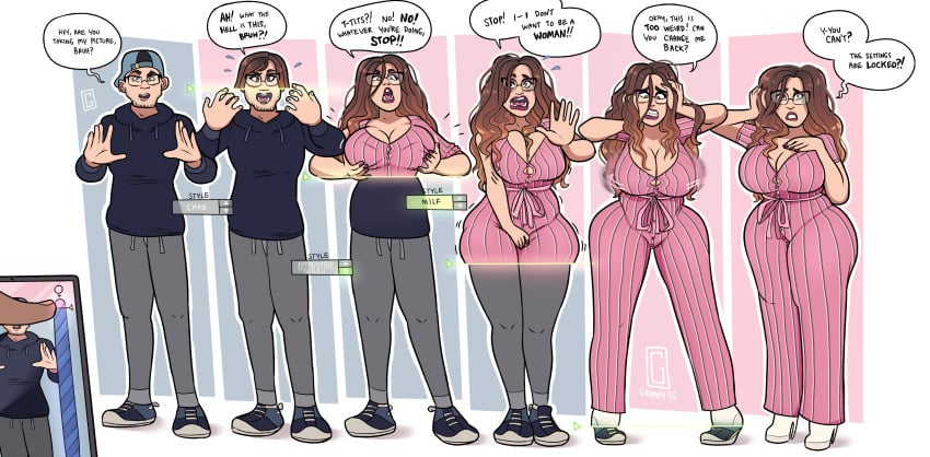 app big_breasts body_slider breast_expansion breast_press breast_squeeze breast_squish breasts clothing_transformation dubious_consent feminization forced forced_transformation gender_transformation genderswap_(mtf) glasses grumpy-tg hair_growth high_heels hip_expansion long_hair milf milfification mtf_transformation nonconsensual pajamas remote_control rule_63 slider thick_thighs touching_own_breast transformation transformation_sequence unwilling_transformation