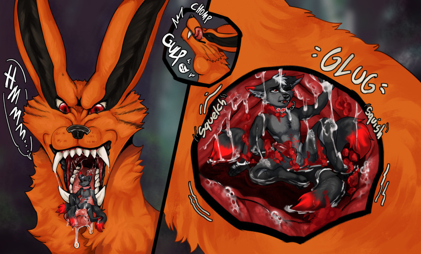 anthro anthro_only balls black_body black_ears black_fur black_nose bodily_fluids canid canine canis drooling duo erection fangs fox fur genital_fluids genitals grey_body grey_fur hi_res inside_stomach internal kurama male male/male male_prey mammal markings mouth_shot naruto nude open_mouth oral_vore orange_body orange_fur organs penis prince-vulpine red_body red_eyes red_fur saliva saliva_string simple_background size_difference stomach stomach_acid tail tailed_beast teeth text tongue tongue_out tuft vore