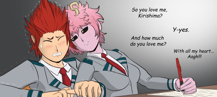 1boy 1girls assertive_female black_sclera clenched_teeth dialogue eijirou_kirishima english_text fanon_couple female handjob_under_table implied_handjob leaning madysenpaiart male mina_ashido my_hero_academia pink_hair red_hair school school_uniform straight teasing text u.a._school_uniform under_desk under_the_table uniform