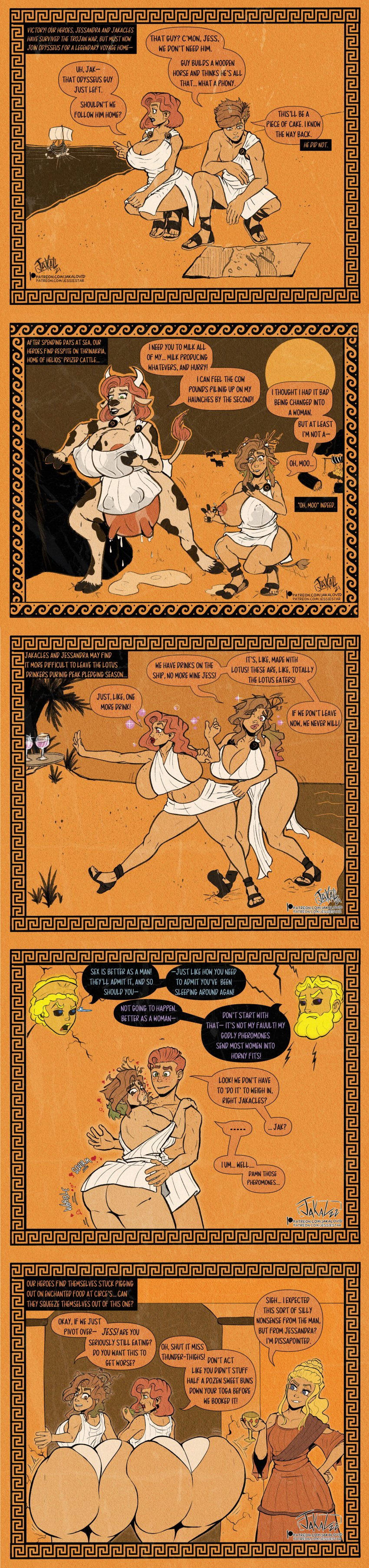 1boy1girl 2girls ancient_greece ass_expansion bimbofication breast_expansion breast_press breasts_bigger_than_head brown_hair circe comic cow_girl cow_tail cowgirl dripping dripping_milk erect_nipples ftm_transformation gender_transformation genderswap_(ftm) genderswap_(mtf) gigantic_ass greece hera hip_expansion horns horny horny_female hourglass_figure huge_ass huge_breasts human hyper_ass imminent_sex jakal63 lactation lactation_through_clothes lactation_without_expressing milk mind_control mtf_transformation mythology odyssey red_hair rule_63 sandals species_transformation tail toga topless transformation udders wide_hips wine zeus