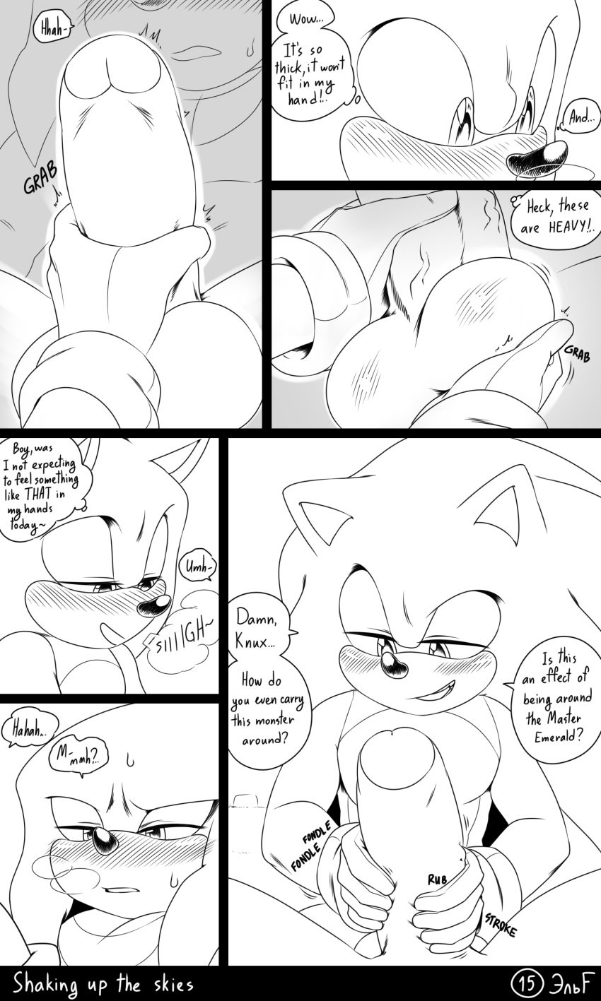 2023 5_fingers absurd_res anthro anthro_on_anthro ball_fondling ball_grab balls big_balls big_penis black_and_white blush breath comic dialogue duo echidna english_text erection eulipotyphlan fingers fondling genitals half-closed_eyes handjob hedgehog hi_res huge_balls huge_cock knuckles_the_echidna krazyelf looking_at_another looking_down male male/male male_only mammal monochrome monotreme narrowed_eyes onomatopoeia open_mouth panting penile penis penis_grab sega sex smile smirk sonic_(series) sonic_the_hedgehog sonic_the_hedgehog_(series) sonknux sound_effects speech_bubble text thought_bubble