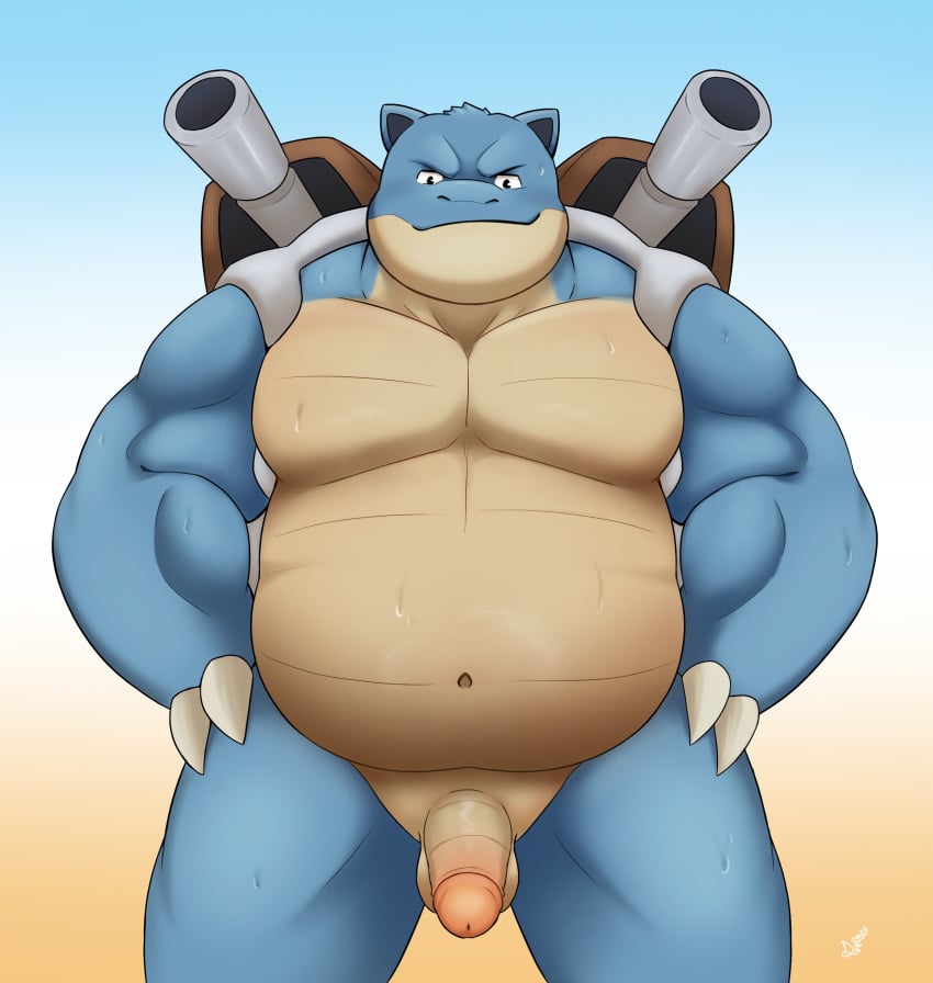 absurd_res anthro ball balls blastoise blue_body bodily_fluids cannon_shell clothing danipika gay generation_1_pokemon genitals grin hi_res humanoid_genitalia humanoid_penis male male_only multicolored_body musclegut muscular muscular_anthro muscular_male navel nintendo nude pecs penis pokemon pokemon_(species) reptile scalie shell signature smile solo sweat swimming_trunks swimwear tortoise turtle yellow_body