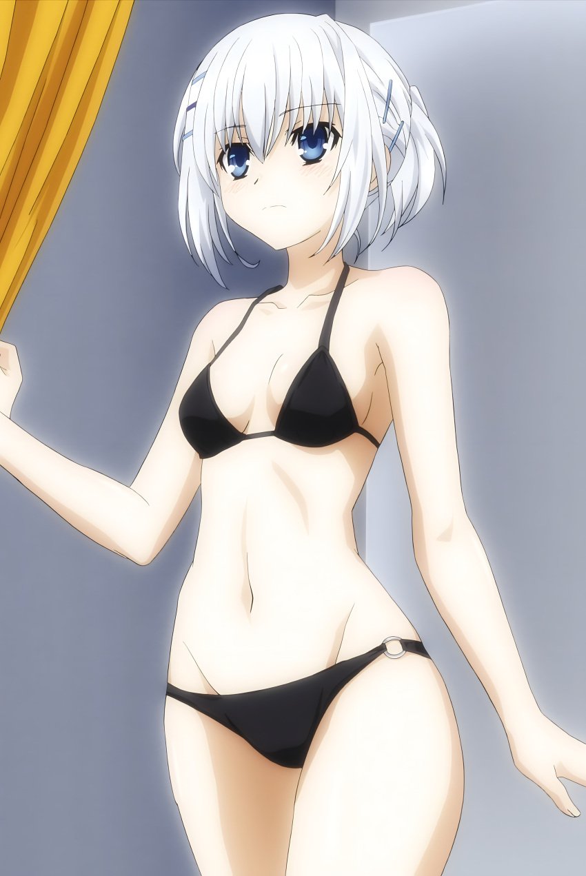 1girls alternate_hairstyle bikini black_bikini blue_eyes breasts child_bearing_hips cleavage date_a_live female female_only hi_res legs medium_breasts navel ponytail screencap short_hair short_white_hair solo stitched thighs tobiichi_origami voluptuous white_hair