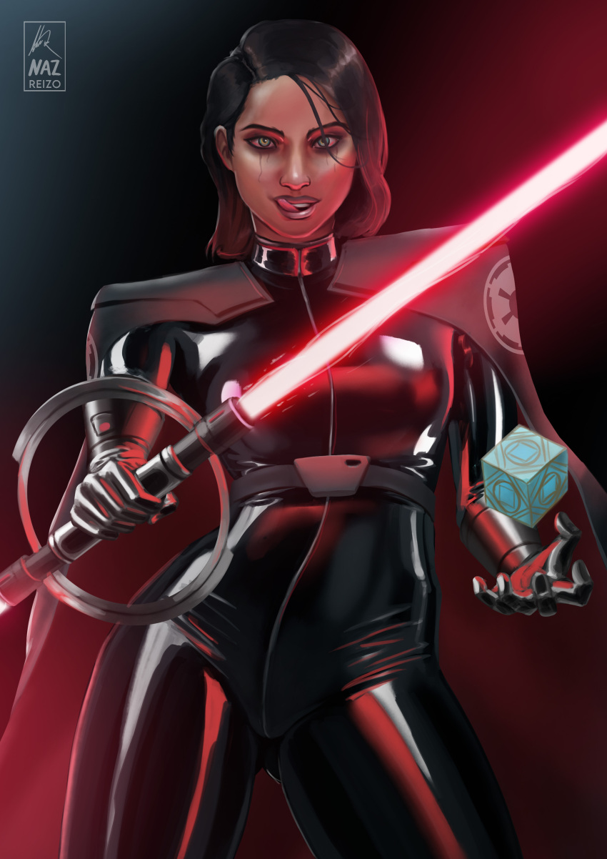 1girls dark-skinned_female dark_skin female female_focus female_only holocron inquisitor inquisitor_(star_wars) jedi:_fallen_order latex latex_bodysuit latex_clothing licking_lips lightsaber nazreizo_(artist) second_sister skintight star_wars tagme trilla_suduri